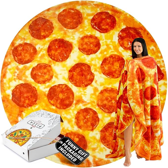 Zulay Giant Double Sided Pepperoni Pizza with Gift Gift Packaging - Novelty Blanket for Adults & Kids - Soft Flannel Round Pepperoni Blanket for Indoors, Outdoors, Travel, Home, 285 GSM - 71 Inches