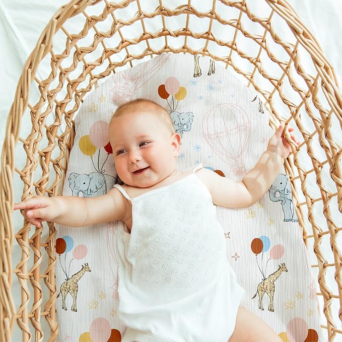 Muslin Bassinet Fitted Sheets, 2 Pack for Baby Boy and Girl, Soft Breathable Baby Pad/Mattress Sheet, Fit for Hourglass Oval and Rectangle Bassinet Mattress (Cute Animals)