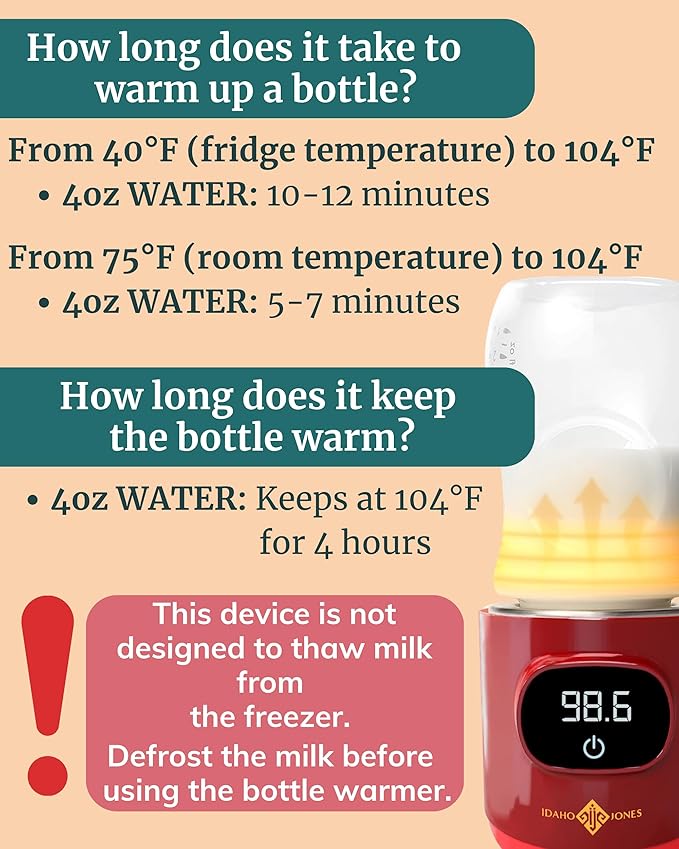 IDAHO JONES Portable Bottle Warmer - On The Go & for Travel - Baby Bottle, Breastmilk & Formula - Battery Powered & Operated, Cordless - Fits Dr Brown, Comotomo & Others