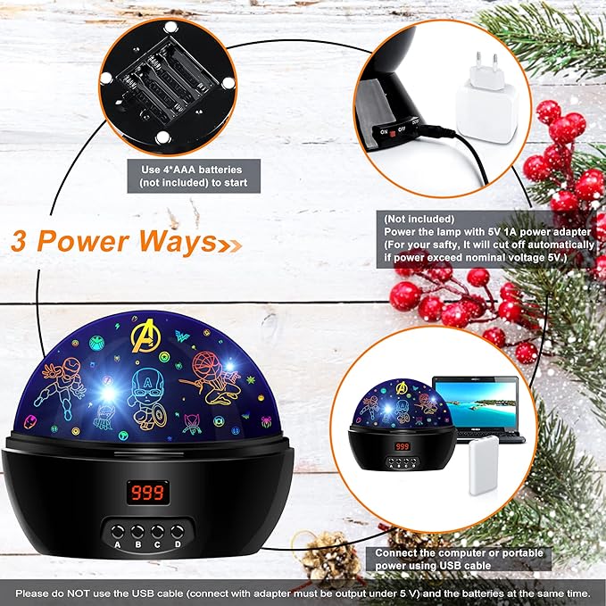 Kid Light Projector Superhero Toys for Boys 5-7 Avengers Night Light Projector with Timer for Kids Room, 360 Degree Rotation Toddler Nightlights with Spiderman Figurine Star Lamps