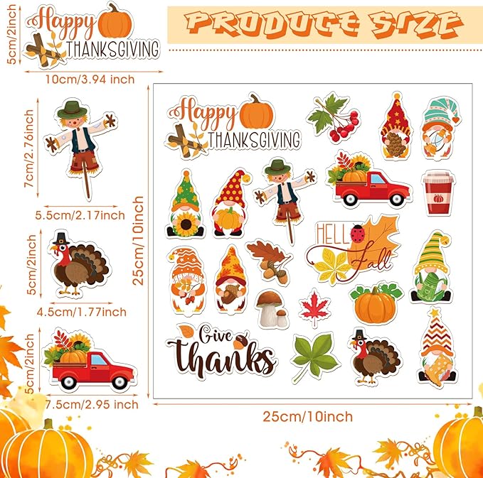 Ferraycle 21 Pcs Thanksgiving Fall Window Gel Clings Autumn Window Gel Clings Turkey Pumpkin Gnome Scarecrow Maple Leaves Decor Stickers Decals for Classroom Harvest Party Decor