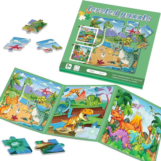 Magnetic Puzzles for Toddlers 3-5 , 75-Pieces Travel Toys , Dinosaur Puzzles Ages 4-6, Educational Learning Magnets, Road Car Trip & Airplane Activities Toys for 3 4 5 6 7 Girls Boys Gift