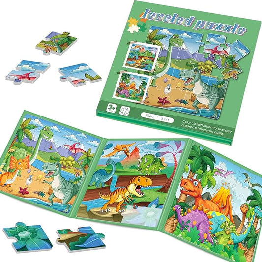 Magnetic Puzzles for Toddlers 3-5 , 75-Pieces Travel Toys , Dinosaur Puzzles Ages 4-6, Educational Learning Magnets, Road Car Trip & Airplane Activities Toys for 3 4 5 6 7 Girls Boys Gift