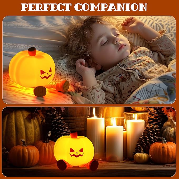 Pumpkin Night Light, Cute LED Pumpkin Lamp with 3 Level Dimmable, Nursery Nightlight for Kids, Silicone Rechargeable Bedside Touch Lamp, Funny Office Desk and Halloween Decor Toy for Woman and Kids