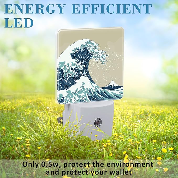 Plug in Night Lights Japanese Great Wave Nightlight Plug Into Wall Dusk to Dawn Sensor LED Night Light for Kid Girls Boys Women Men Room Decor, Hallway, Kitchen, Bathroom, Nursery, Stairs