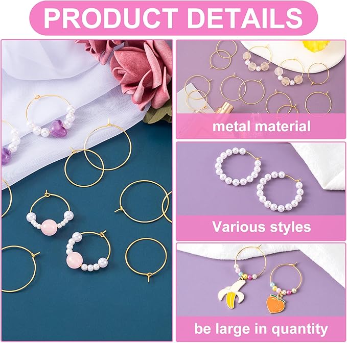 Pndeyo 280pcs Hypoallergenic Earring Beading Hoops, Metal Round Hoop Earrings Findings, Open Earring Wire Ring Accessories for Jewelry Making- Gold