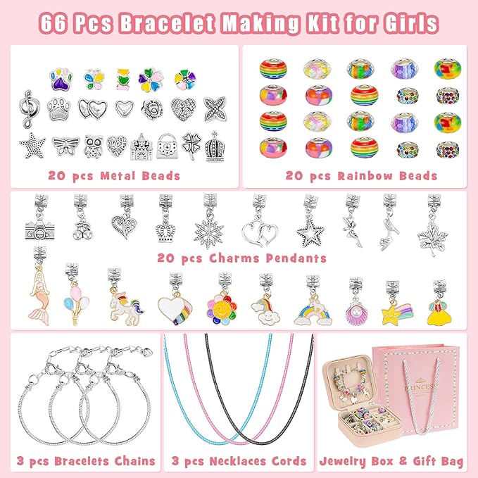 Hysagtek Jewellery Making Kit - Bracelet Making Kit 66 Pcs DIY Girls Charm Bracelet Making Bracelets for Girls Beads Necklace kit Jewelry Making Charm Pendants Craft with Box