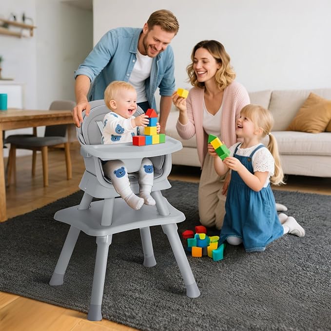 Baby High Chair, 8 in 1 Convertible Highchairs for Babies and Toddlers, Children Dining Booster Seat/Kids Building Block Table for Girls Boys, Baby Seat with Removable Tray, Light Grey