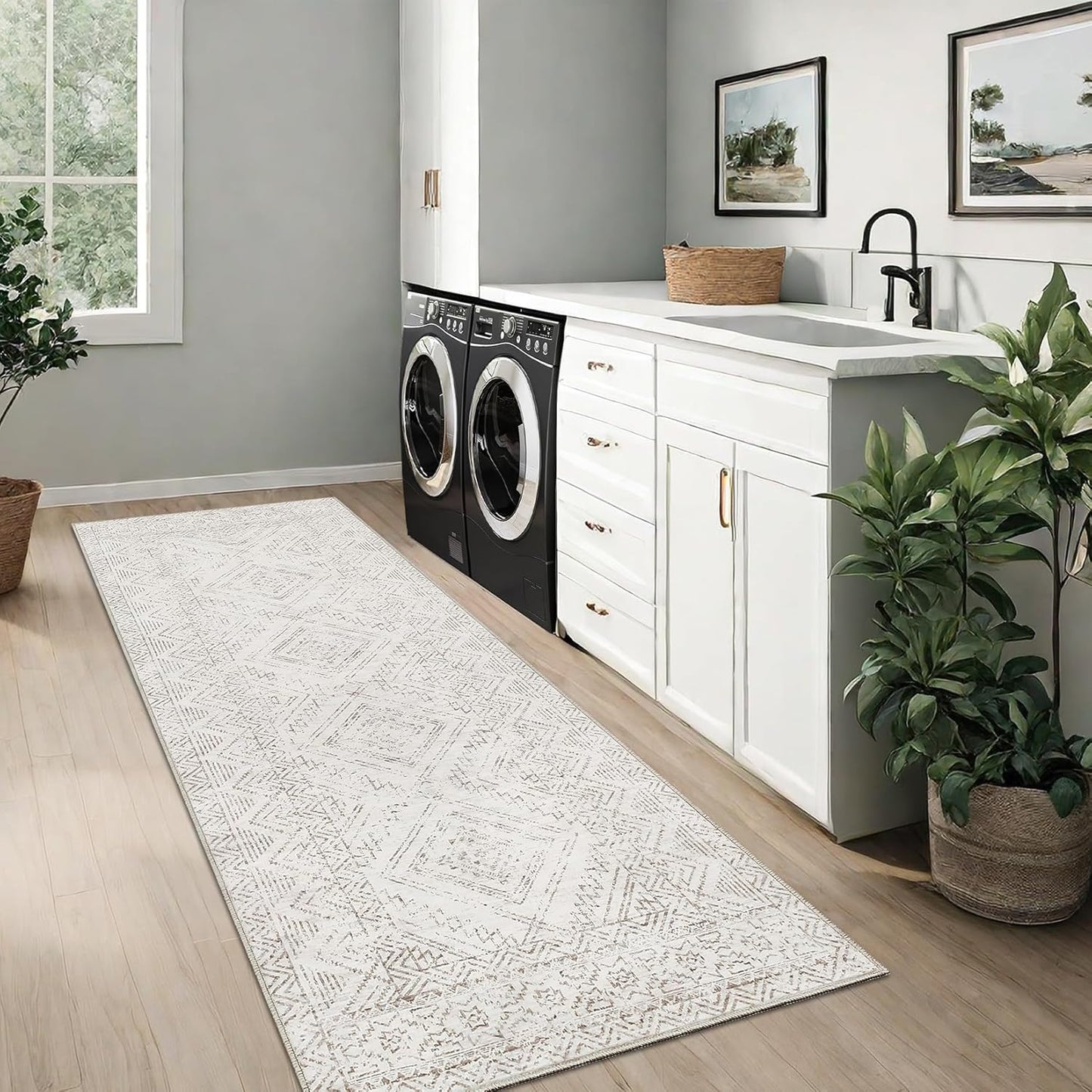 COZYLOOM Runner Rug 2x6 Living Room Washable Rugs Stain Resistant for Bedroom Soft Floor Carpet Non Slip Distressed Geometric Carpet for Dining Room Laundry Room Office, Ivory