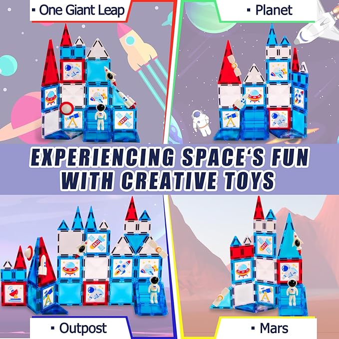 Magnetic Tiles - 58 Pcs Space Magnets Building Blocks Set - Sensory Travel Toys for Toddler - STEM Construction Playboards Stacking Toy - DIY Window Art - Birthday Gifts for Boy, Girl, Kids Ages 3-12