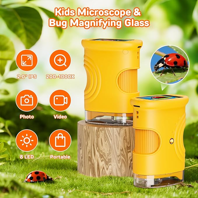 1000X Handheld Digital Microscope for Kids with 2.0" IPS Screen, Portable STEM Science Lab Toy, Rechargeable Pocket Microscope Educational Gift for Boys & Girls Age 4-6 8-12, Orange