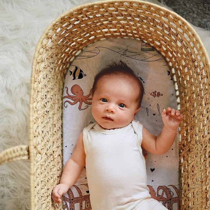 JumpOff Jo - Hypoallergenic Fitted Bassinet Sheet for Baby Boys & Girls - Rectangular, Hourglass & Oval Crib Compatible, Soft, Breathable, Machine Washable - Octopus Treasure