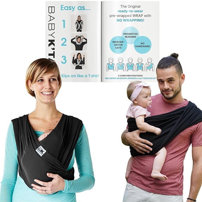 Breeze Baby K'tan Baby Carrier, #1 Easy Pre-Wrapped Baby Sling Gift | Breathable 100% Cotton Mesh | Hands Free Wrap for Infants | No Rings Or Buckles | Black | Medium