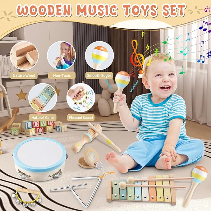 Baby Musical Instruments Set Montessori Wooden Music Toys for Toddlers 3 4 5 Neutral Color Percussion Music Kit with Drum, Xylophone,Storage Bag, Birthday Preschool Learning Gift for Boys Girls