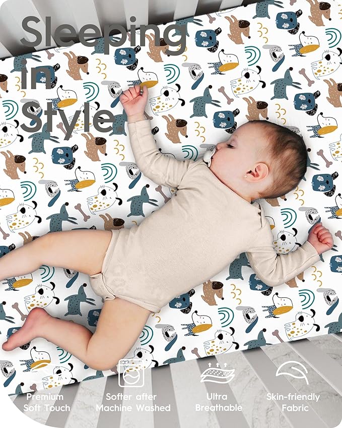 Pack and Play Sheets Fitted, Ultra Soft Mini Crib Sheets Boy, Neutral Pack N Play Mattress Sheets Hypoallergenic and Soothing, Premium Jersey Playrad Sheets, Print Dino Animals, 2 Pack