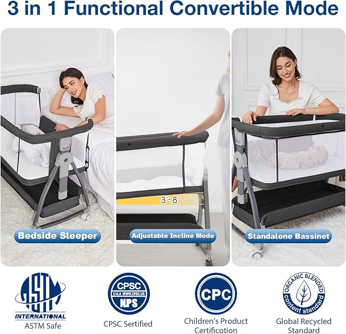 Bedside Bassinet for Baby, Adjustable Newborn Bassinet with Wheels, Storage Basket, Mattress, Easy to Assemble & Portable Folding Baby Cradle (Black)