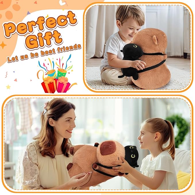 Achwishap Capybara Plush,Capybara Stuffed Animal Cute Plushies,Capybara Plush Toys,Kawaii Plushie Stuffed Toy with Black Cat Backpack Plushies Gifts for Kids Adults(Capybara with Black Cat,14”)