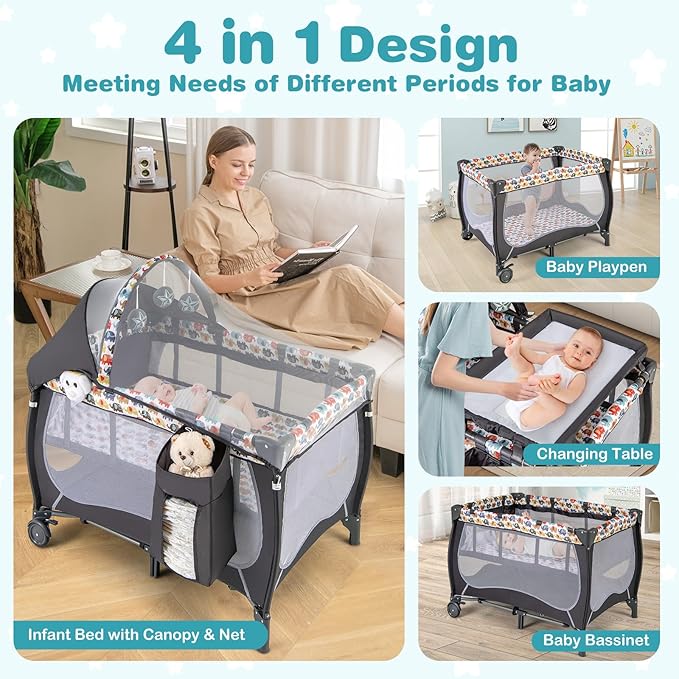 HONEY JOY Pack and Play, 4 in 1 Portable Baby Playard w/Bassinet, Changing Table, Lockable Wheel, Music, Foldable Travel Baby Crib Nursery Center from Newborn to Toddler(Gray, Elephant)
