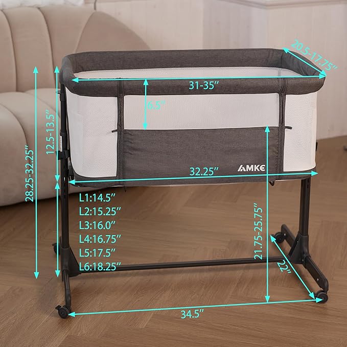 AMKE Baby Bassinet Bedside Sleeper, Portable Bassinet with Wheels, 6-Height Adjustable & Fold Down Side, Full Breathable Mesh Bedside Crib for Baby with Mattress Pad, Easy to Install, Dark Grey