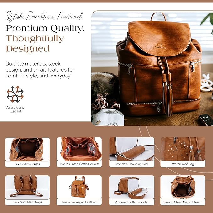 Citi Collective Journey Vintage Tan Vegan Leather Diaper Bag Backpack | Elegant, Multifunctional, Travel Diaper Bag with Stroller Straps & Insulated Bottle Pockets