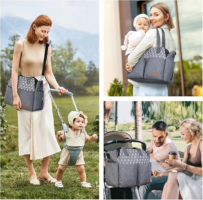 Lekebaby Diaper Bag Tote, Large Diaper Bags Waterproof,Large Mommy Bag Tote Bag Handbag Pink Travel, Black and Beige