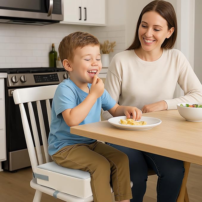 Toddler Dining Table Booster seat, PU Washable Waterproof Double seat Belt Non-Slip Bottom Booster seat for Dining Toddler, Portable Travel Increase Cushion Gery+White
