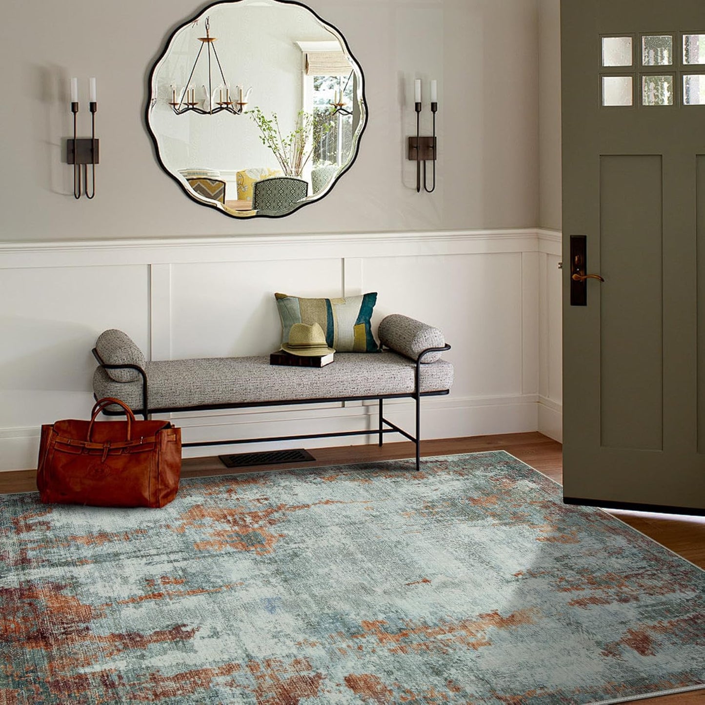 5x7 Area Rugs for Living Room Rug Washable: Modern Rug for Dining Room Bedroom Carpet Non Slip Low Pile 5 by 7 Indoor Abstract Nursery Home Office Red Brown