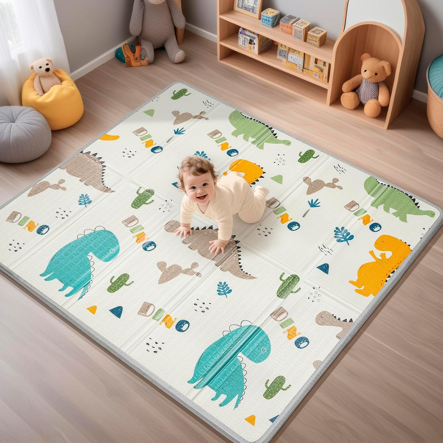 Foldable Baby Play Mat, PIGLOG Waterproof Playmats for Babies and Toddlers Kids, Safe Foam Playmat for Tummy Time, 50x50 Playpen Mat, Reversible Portable Baby Floor Mat for Infant, Toddler, Dinosaur
