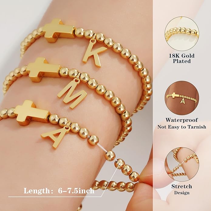 Gold Initial Bracelets for Women Girls - 18K Gold Plated Cross Initial Bracelet Dainty Beaded Bracelet Gold Bracelets for Women Teen Girl Gifts