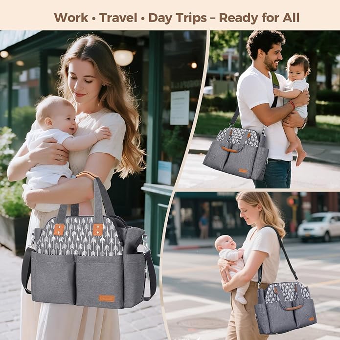 Lekebaby Diaper Bag Tote, Large Diaper Bags Waterproof,Large Mommy Bag Tote Bag Handbag Pink Travel, Black and Beige