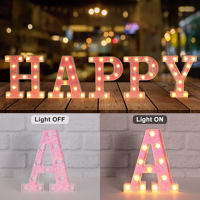 Foaky Pink Light up Letters，Pink Party Decorations,Girls Room Decor,Glitter Light Up Letters,Alphabet Letter Sign for Night Light Birthday Party Girls Gifts, Home Bar Decoration（Y）