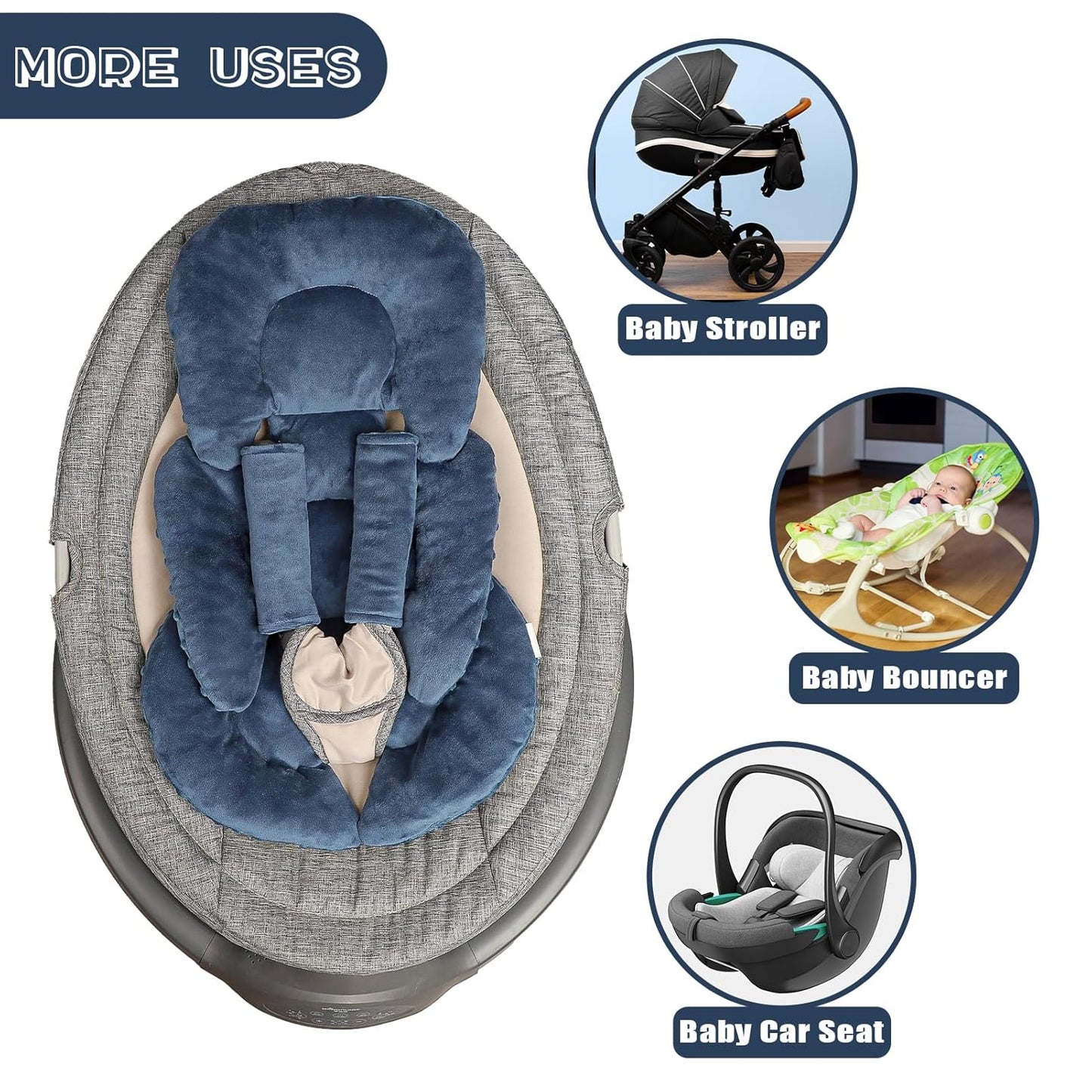 Infant Car Seat Insert Head and Body Support, GFU Reversible Newborn Insert for Carseat with Strap Pads, Soft Stroller Cushion Pillow Insert for Boys and Girls, Fits for Stroller, Swing, Blue