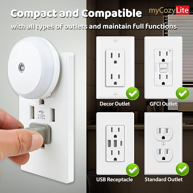 myCozyLite LED Night Lights Plug into Wall, Dusk to Dawn Sensor, Warm Hue, Plug in Night Light, Automatic Dimming, 2 Pack Night Lights for Kids, Adults, Hallways, Stairway, Kitchen, Bathroom, Bedroom