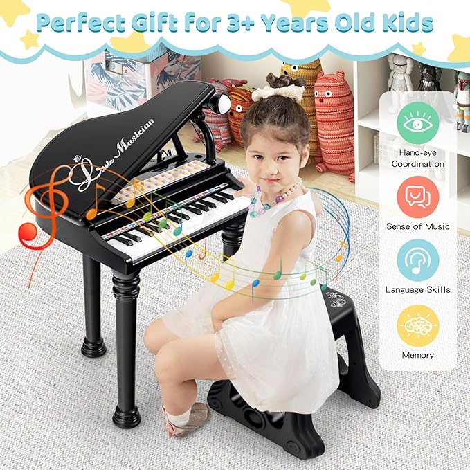 Costzon Kids Piano, 31 Key Mini Grand Piano Toy Keyboard with Microphone, Stool & Lights, Portable Electronic Piano Educational Musical Instrument Toy, Birthday Gift for Toddler Boys Girls (Black)