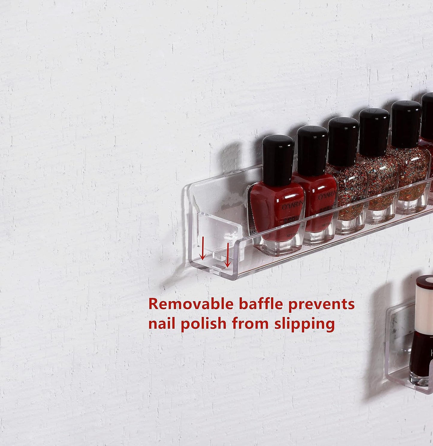 IEEK Nail Polish Rack Wall Mounted Shelf 2 Pack,Clear Kids Wall Bookshelf Acrylic Nail Polish Holder with Removable Anti-Slip End Inserts,2 Tiers Floating Polish Organizer Display 30 Bottles