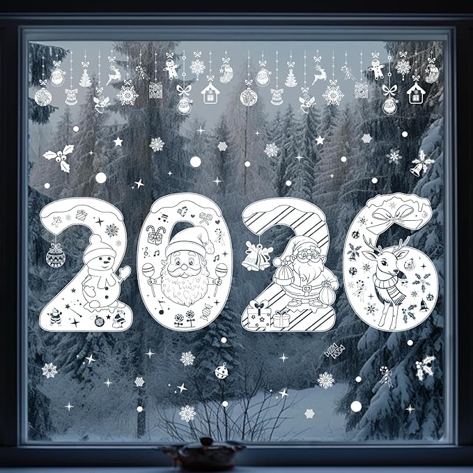 Christmas 2026 Cute Number Window Clings for Glass Windows,5 Sheets Static Christmas Window Decorations Xmas Holiday White Snowman Santa Window Stickers Decals for Party Home Winter Indoor Decor