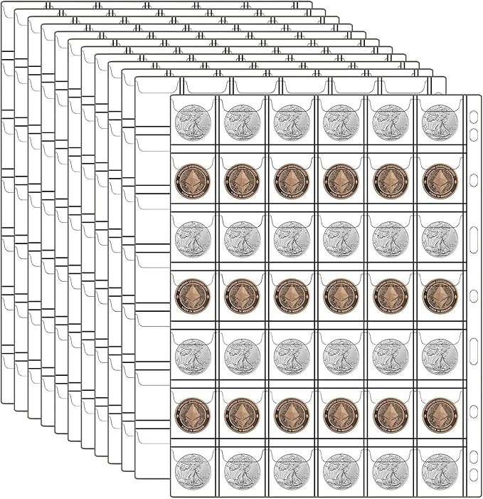 12 Sheets Coin Collection Supplies Pages, Collecting Book Album Protectors Sleeves with Standard 9 Hole for Coin Binder, Currency Holder Storage for Pennies, Quarters Stamp (42 Pocket per Sheet)