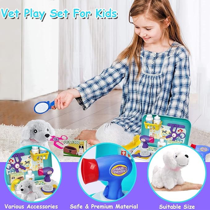 TEUVO Pet Care Play Set Doctor Kit for Kids, 16 Pcs Doctor Pretend Play Vet Dog Grooming Toys Puppy Dog Carrier Feeding Dog Backpack Gifts for Girls Boys 3-7 Years Old