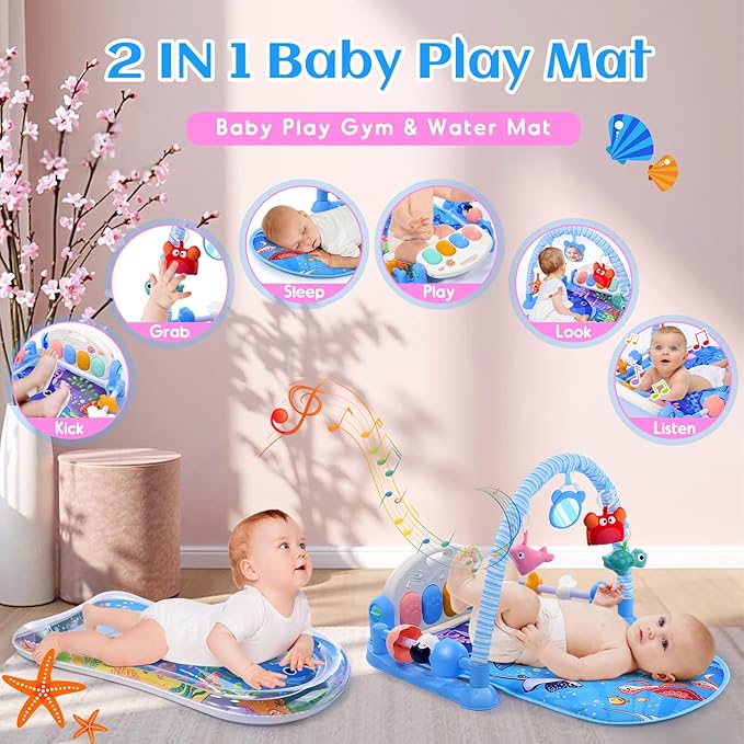 Baby Gyms Play Mats with Tummy Time Water Mat, Baby Activity Mat Play Piano Gym with 5 Sensory Toys for Babies, Music & Lights Boy & Girl Gifts for Newborn Babies 0-3 4-6 6-9 6-12 Months
