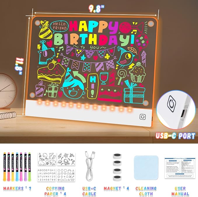 Rechargeable LED Note Board with 7 Colors, Doodle Glow Drawing Lumi Board for Kids with 4 Magnet and Invisible Stand, Light up Acrylic Dry Erase Board with 7 Markers & Tracing Paper (11.8"X9.8")