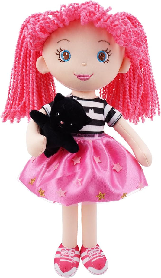 June Garden 15" Playmate Buddies - Plush Doll Ruby with Her Stuffed Animal Companion Kitty Midnight for Kids 1 Year and Up