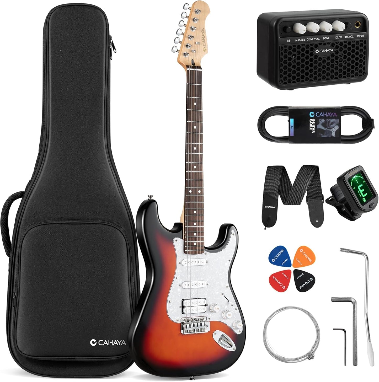 CAHAYA Electric Guitar Kit 39in - Full Size Electric Guitar Kit for Beginner Starter Poplar Solid Body with 10W Amplifier, Gig Bag, Strap, Tuner, Cable, String, Picks