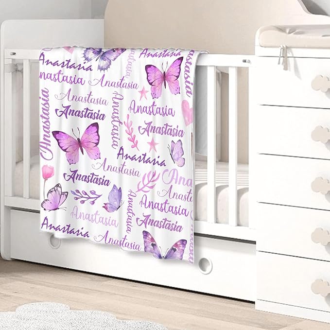 Personalized Baby Blanket for Girls Boys Kids Butterfly Custom Baby Blanket with Name Throw Birthday Gift for Toddlers Infants Shower Newborns Nursery Stroller Crib Bed Decor