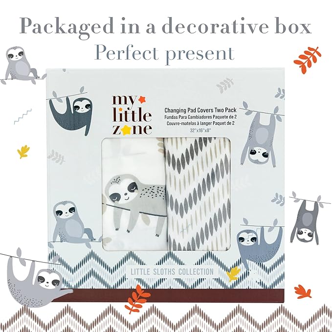 100% Cotton Changing Pad Cover for Baby Boys and Girls, Chevron - Breathable Bassinet, Mini Crib Mattress Fitted Sheets - Little Sloth, 32"x16" with 8" Deep Pocket, White-Grey, 2 Pack