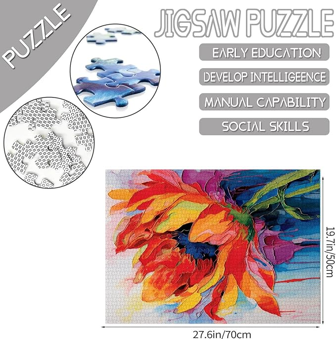 1000 Piece Tulip Flower Jigsaw Puzzles for Adults,Yellow Floral Jigsaw Puzzle Watercolor Puzzles for Challenging Family Activity Game Floral Art Wall Decor DIY Puzzle