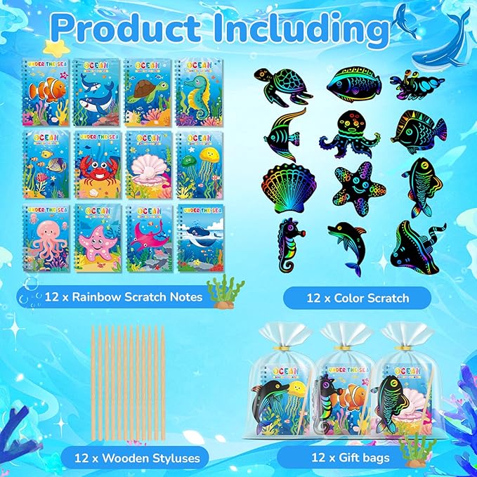 12 Pack Under the Sea Scratch Art Party Favors for Kids - Rainbow Scratch Paper with Ocean Animals Scratch Off Cards Easter Birthday Goodie Bags Stuffers - Return Gifts DIY Classroom Prizes