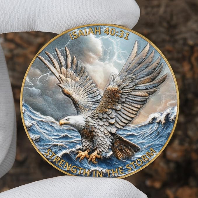 1.57 Inch Zinc Alloy Double-Sided 3D Eagle Challenge Coin - Colorful Inspirational Design with Isaiah 40:31, Strength in The Storm Theme