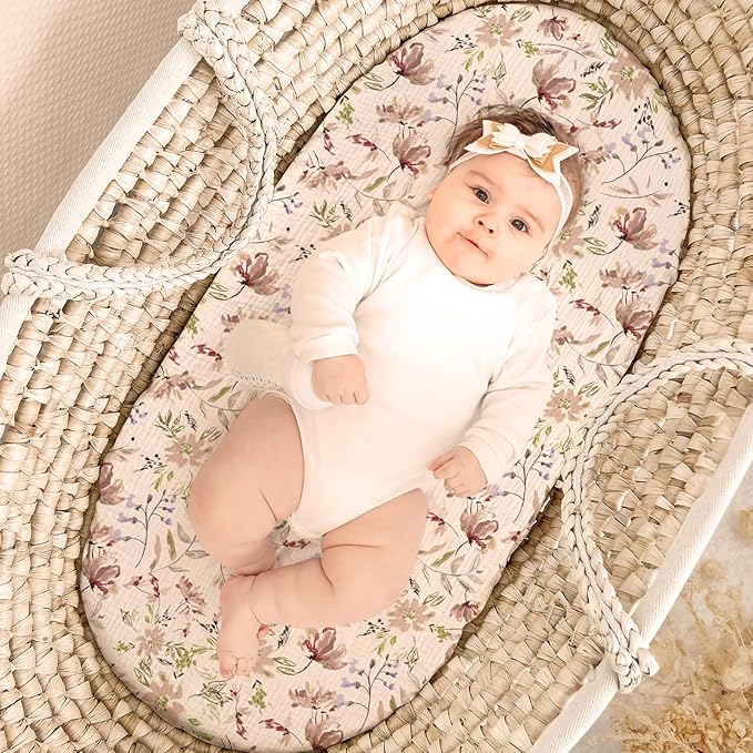 lulumoon Baby Bassinet Sheets Muslin: Soft Fitted Bassinet Sheets Floral for Girls - Fit for Oval Rectangle or Hourglass Mattress