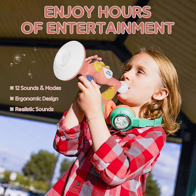 Contixo KT2 Musical Trumpet Toy for Kids, Pink Baby Educational Music Toys with Light Effects, Adjustable Volume, Multiple Rhythms, Easy Play Modes, Realistic Whistle Sounds for Toddler Boys Girls