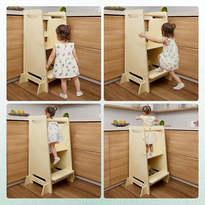 Kitchen Step Stool for Toddlers,Wiifo Adjustable Height Kids Learning Stool, Toddler Standing Tower(Natural)